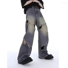 Мужские джинсы 2023, весенне-осенние, с металлическими пуговицами, тяжелый дизайн, полые, широкие брюки для мужчин и женщин
