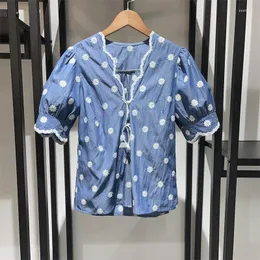 Blusas femininas meninas camisa 2023 primavera e verão vieira borda v-pescoço laço margarida flor bordado