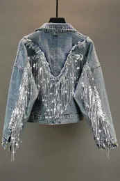 Mulheres jaquetas jean jaqueta mulher franjas lantejoulas denim primavera retro bf solto curto jeans top chaqueta chaquetas 230906