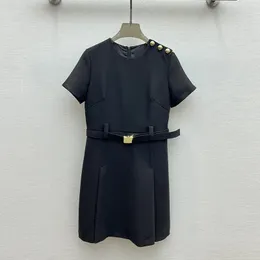 2023 Summer Black Solid Color Waist Belted Dress Short Sleeve Round Neck Buttons Knee-Length Casual Dresses S3S01M093