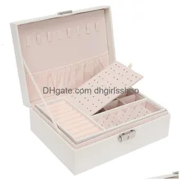 Schmuckschatullen Zweischichtige Lederbox Organizer Ohrringe Ringe Halskette Aufbewahrungskoffer mit Schloss Frauen Mädchen Geschenk 230505 Drop Lieferung Pac Dho50