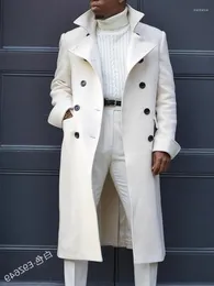 Мужские тренчи, двубортный приталенный белый британский модный плащ средней длины, ветровка с универсальными карманами по боковым швам