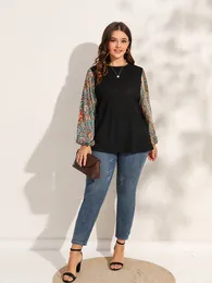 Tshirt taglie forti da donna Finjani Lantern Sleeve Tee Paisley Print Textured Tops 2023 Autunno Abbigliamento 230906