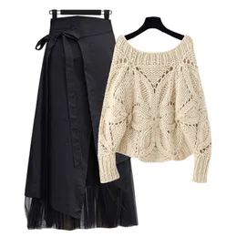 Skirts Urban Sexy Dresses 2023 Spring and Autumn Fashion Set Womens Korean Style Cutout Knitted Top Half Skirt Elegant Two Piece 230906