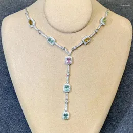 Chains Design Style Necklace For Party Total 1.4ct Natural Tourmaline No Fading Gold Plating 925 Silver Jewelry