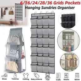 Storage Bags 24 Grids Wall mounted Sundries Shoe Organiser Fabric Closet Bag Rack Mesh Pocket Clear Hanging Over The Door Cloth Box 230906