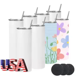 USA/CA Warehouse Stocked 20oz Sublimation Blanks Tumbler Heat Press Straight Skinny Sublimation Tumbler with lid and Straw