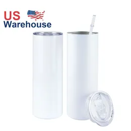 EUA / CA armazém de aço inoxidável parede dupla isolada sublimação branca 20 onças retas skinny copos de sublimação em branco com palha T0906
