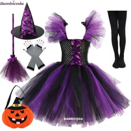 Ocasiões especiais 2023 Disfarce Fantasia de Bruxa para Meninas Halloween Tutu Joelho Vestido com Chapéu Vassoura Meia-calça Crianças Carnaval Cosplay Party Outfit Set 230906