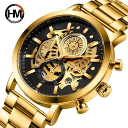 Wristwatches HANNAH MARTIN Classic Luxury Top Brand Design Mens Watch Multifunction Waterproof Gold Stain Steel Band Sport Male 230905