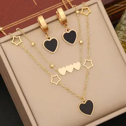 Link Bracelets Stainless Steel Double Layer Love Heart Star Clavicle Necklace Not Fading Bracelet Earrings Jewelry Set Wedding Accessories