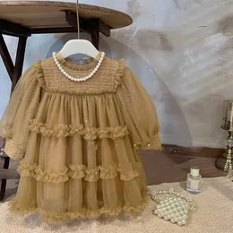 Outono meninas lantejoulas rendas tule vestidos crianças plissado gola manga puff vestido de princesa crianças roupas de festa de aniversário z3889