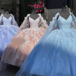 Glitter Champagne Quinceanera Dresses Spaghetti Stra With Wrap Sweet 15 16 Gowns 3D Flowers Vestidos De Quinceanera