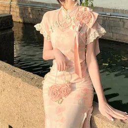 Vêtements ethniques chinois traditionnel Qipao Chi-pao 3D Rose modifié Cheongsam robe élégante Kawaii doux été 2023 taille mince