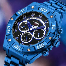 Armbandsur Nibosi Mens Watches Top Brand Luxury Big 47mm Blue Sport Chronograph Full Steel Quartz Clock Waterproof Watch Men Reloj Hombre 230905