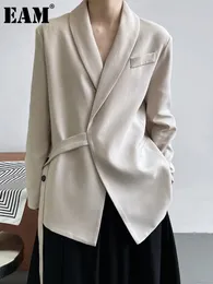 Womens Suits Blazers Blends EAM Women Apricot Irregular Belted Big Size Blazer Lapel Long Sleeve Loose Fit Jacket Fashion Spring Autumn 1DF5081 230906