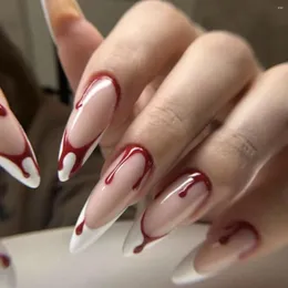 Unghie finte Accessori finti 3D per la festa di Halloween Rosso sangue Bordo bianco Design Punte francesi lunghe Finti Ongles Premere sul set di unghie