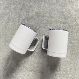 Toptan Toplu 10 oz konik olmayan beyaz süblimasyon boş çift duvarlı düz kamp kahve seyahat kupaları Sıcak soğuk içecekler için sap ve slayt kapakları ile bardak
