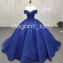 Royal Blue Gillter Princess QuinCeanera klänningar från axeln glittrande paljetter Applique Corset Vestido de 15 Quinceaneras Azul Rey