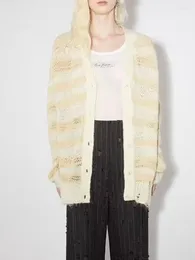 Kvinnors stickor Hål Kvinnor V-ringning Knit Cardigan Stripes Loose Design Långärmad Single Breasted Female Sweater Coat 2023 Autumn