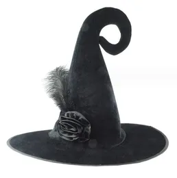 Cappello da strega da donna di Halloween Cappello da festa Decorazioni in flanella nera con rose ad angolo Cappello per bambini Ragazze Costume cosplay Danza Fancy Cap Prop