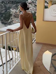 Sexy Backlesss Dress Women Maxi Apricot Sleeveless Hollow Out Feamle Beach Dresses 2023 Loose Straight Satin Evening Party Robe