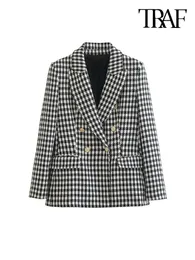 Womens Suits Blazers Blends TRAF Women Fashion Double Breasted Houndstooth Blazer Coat Vintage Long Sleeve Flap Pockets Female Outerwear Chic Vestes 230906