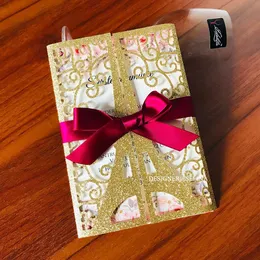 2020 Goldglitter Eiffelturm Paris Lasergeschnittene Hochzeitseinladungen mit Schleife Bearbeitbare Quinceanera-Einladung Lasergeschnittene Sweet 16 Invites ZZ