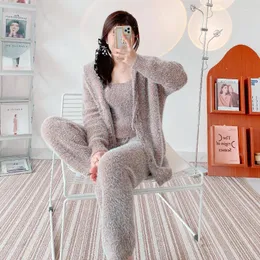 Women's Sleepwear Hooded Cardigan Pajamas 3-Piece Set Soft Imitation Mink Velvet Warm Winter Pijama Thicken Home Clothes Pyjamas