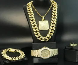 Luxo ouro prata cor relógio pingente pulseira anel conjunto combinação gelo fora colar cubano corrente hip hop para homem c09249235651