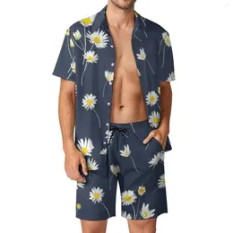 Homens Tracksuits Branco Camomila Margaridas Homens Conjuntos Marguerites Floral Imprimir Shorts Casuais Moda Férias Camisa Definir Manga Curta Plus Size