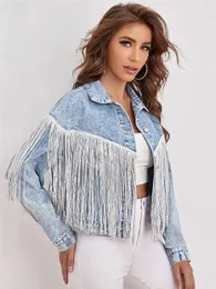 Kadın Yün Karışımları CharmingTrend Ceket Kadın Moda Püsküllü Denim Ceket Uzun Kollu Ceket Vintage Cardigan Mavi Kısa Ceket 230905