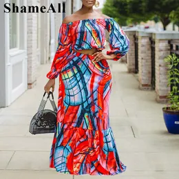 Kvinnors plus -storlek Tracksuits African Women Tie Dye Print Crop Tops Dress 2 Two Pieces Set 4xl Off Axla Long Sleeve Tees Bandage kjolar Outfits 230906