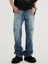 Męskie dżinsy Yihanke Trendy Ripped American Style High Street Retro luźne, proste długie spodnie