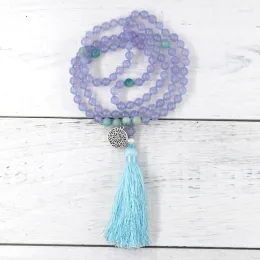 Pendant Necklaces Elegant Light Purple Jade Amazonite Stone Gemstone 108 Beads Japa Mala Necklace Antique Sliver Charm Meditation Jewelry LL