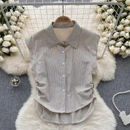Women's Blouses Summer Fashion Niche Design Sense Polo Collar Sleeveless Striped Shirt Casual Loose Foreign Style All-match Top Tide