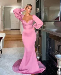 Size Elegant Plus Pink Mermaid Evening Dresses For Women Sweetheart Satin Long Sleeves Formal Ocns Pageant Birthday Party Prom Celebrity Gowns With Gloves mal