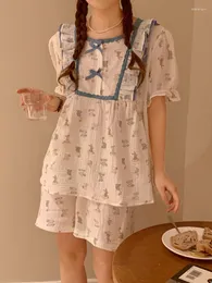 Mulheres sleepwear impressão dos desenhos animados verão princesa rendas ins estilo feminino bonito manga curta conjunto de pijama feminino elegante casual duas peças