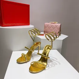 Rene Caovilla High Heels Sandals 디자이너 여성 섹시한 뱀 패턴 9.5cm Stiletto Heel Party Dress Shoes Gold Silver Women Sandal Size 35-43
