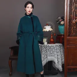 Womens Wool Blends Ethnic Style Cheongsam Vintage Long Woolen Coat Autumn and Winter Fashion Elegant Chinese Clothing Women Robes T1817 230905