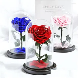 Decorative Flowers Wreaths Dried Rose Red In A Glass Dome On Black Base For Valentines Day Gifts Eternal Flower Christmas Decor Ho Dhi9K