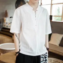 Herren T-Shirts Männer Baumwolle Leinen Übergroßes Hemd Sommer Chinesischen Stil Kurzarm V-Ausschnitt Männliche T-Shirts Tops Plus Größe Atmungsaktive Retro-Kleidung