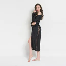 Women's Sleepwear Black Long Sleeve Nightgown Sexy Lace Pajamas Silk Mesh Bathrobe Lengthened Nightdress Lingerie For Ladies Ropa Para Mujer