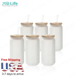 USA CA Warehouse Free Shipping 16oz Sublimation Beer Soda Cans Glass Cans Cups with Bamboo Cap & Straw