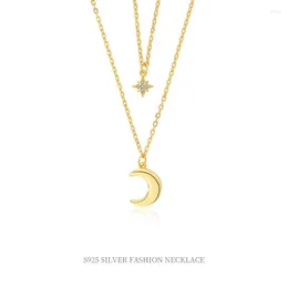 Chains 925 Sterling Silver Double Layer Moon Necklace For Women's Ins Small Octagon Zircon Collar Chain