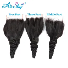 Lace Wigs Penutupan renda gelombang longgar 4x4 menutupi dengan rambut bayi alami 100 manusia lembut Brasil Virgin Ali Sky murah grosir 230905