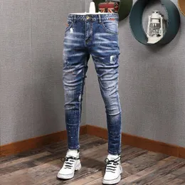 Jeans masculinos denim homens outono fino ajuste marca de moda de alta qualidade azul perfurado respingo calças skinny erkek jean pantolon331w