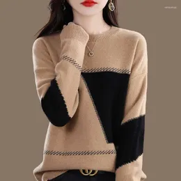 Kadın Sweaters 2023 Yuvarlak Boyun Örgü Külotları Kadınlar Sonbahar Kore Moda Rengi Engelleme All-Mwatch Rahat Gevşek Sweater