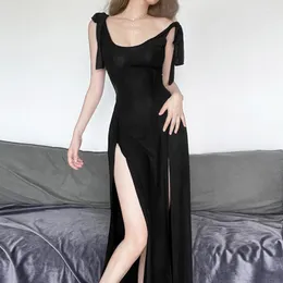 Casual klänningar svart ärmlös klänning kvinnor koreansk modestil sida slits oregelbunden mittkalv sexig mantel solid elegant chic sommarvestidos