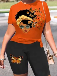 Kvinnors plus -storleksspårar LW Två stycken Butterfly Figur Print Shorts Set Polyester Casual Hylsa Solid Skinny Oneck MacThing Outfits 230906